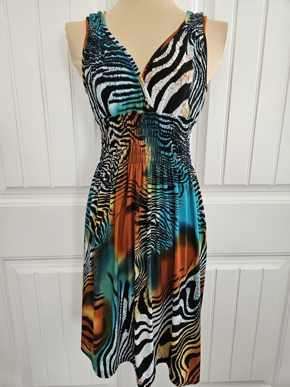 Raya Sun Jungle Colorful Zebra Print Surplice Dress Smocked Waist Sz M